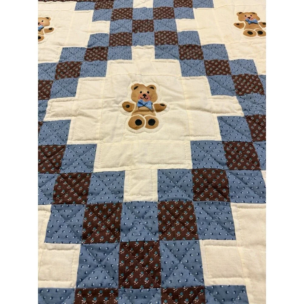 Handmade Teddy Bear Baby Quilt Blanket Blue Brown Patchwork 32x32